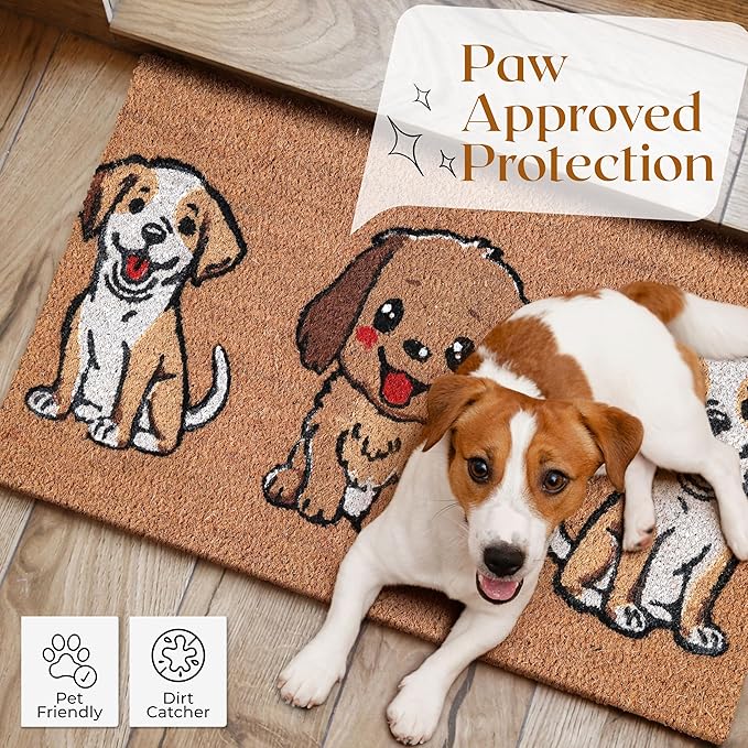 COCONIQ Coir Door Mats 17" X 30", Non-Slip Sturdy, PVC Backed Heavy Duty, Easy to Clean, Ideal for Door Entrance, Patio, Porch, Backyard, Garages, The 3 Cute Musketeer Puppies