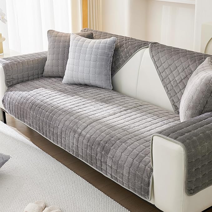 KaviKon Couch Cover Sofa Covers Washable, Velvet Fuzzy Sofa Slipcovers for 3 Cushion Couch, Non-Slip Furniture Protector for Dog Pet, L Shaped Recliner Sectional Couch Cover Grey,36"X71"(Only 1 Pcs)