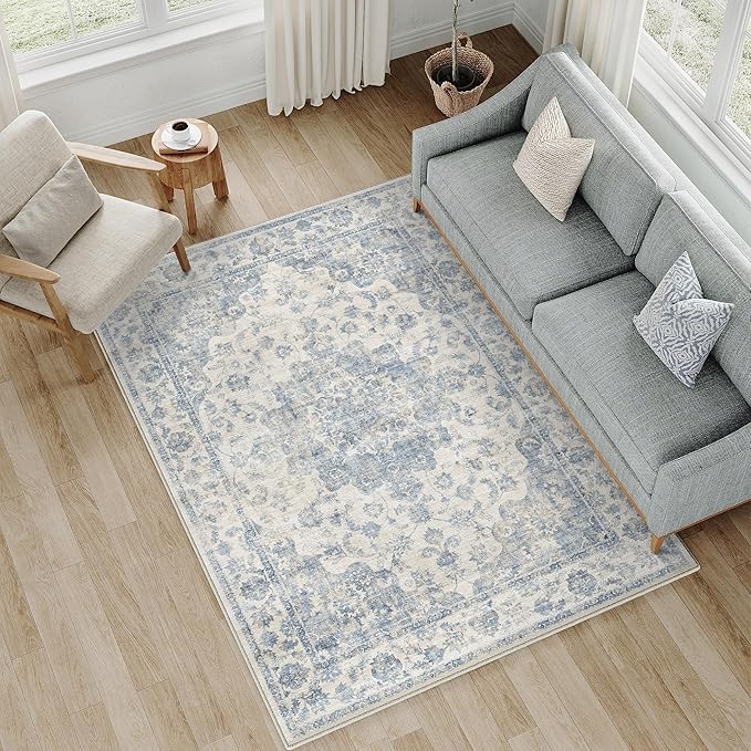5x7 Washable Neutral Area Rug Blue Vintage Living Room Bedroom Carpet Non-Slip Soft Low Pile Farmhouse Indoor Throw Rug for Dining Room Entryway Office