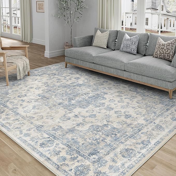 5x7 Washable Neutral Area Rug Blue Vintage Living Room Bedroom Carpet Non-Slip Soft Low Pile Farmhouse Indoor Throw Rug for Dining Room Entryway Office