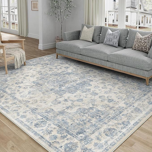 5x7 Washable Neutral Area Rug Blue Vintage Living Room Bedroom Carpet Non-Slip Soft Low Pile Farmhouse Indoor Throw Rug for Dining Room Entryway Office