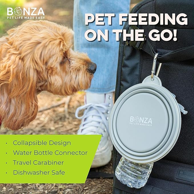 Bonza Collapsible Dog Bowls - Large 33 oz, Dog Travel Accessories, Silicone Portable Dogs Bowl & Water Dish with Reinforced Rim & Carabiner for Hiking, Camping, and Car Trips, Moss Green