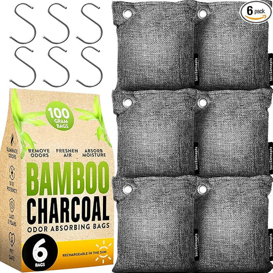 Charcoal Odor Absorber for Strong Odor (6 Pack, 100g each), Bamboo Charcoal Air Purifying Bag, Basement Musty Odor Eliminator Deodorizer, Activated Charcoal Odor Absorber for Closet, Shoe, Car