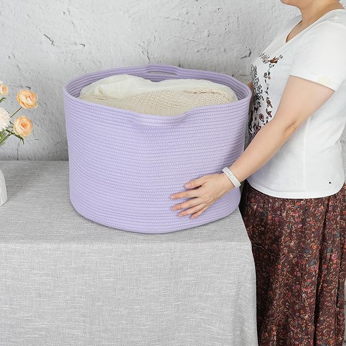 XUANGUO Extra Large Cotton Rope Basket Blankets Basket Living Room 22"x14" Toy Basket for Kids Storage Basket for Nursery Woven Laundry Basket for Clothes Baby Toy Storage round purple or Lavendor