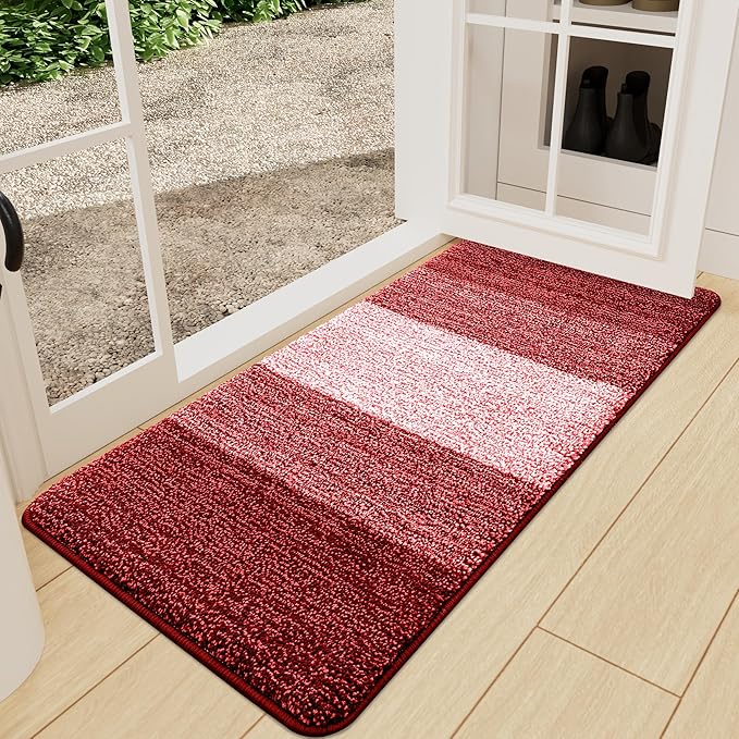 Kitinjoy Indoor Outdoor Door Mat, 71x24 Non-Slip Absorbent Dirt Trapper, Low-Profile Washable Inside Entrance Front Floor Mat, Sturdy Soft Entry Doormats for Entryway, Burgundy