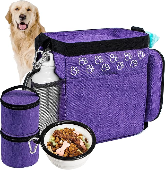 CLAWIST Dog Travel Bag with Treat Pouch, Airline Approved Dog Bags for Traveling, 2 Dog Food Travel Container, 2 Travel Bowls, Weekend Dog Travel Bag for Supplies, Dog Travel Kit Accessories