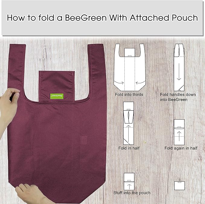 BeeGreen Green Reusable Grocery Bags Wholesale Green Reusable Kitchen Bags Bulk Foldable-Machine Washable with Zipper Storage Pouch 10 Packs