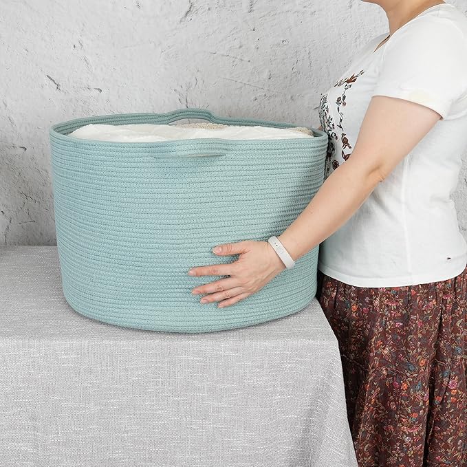 XUANGUO Extra Large Cotton Rope Basket – 22"x14" Woven Storage Basket for Blankets, Toys, Laundry, and Nursery – Round Baskets for Living Room, Kids, and Pets Light Green