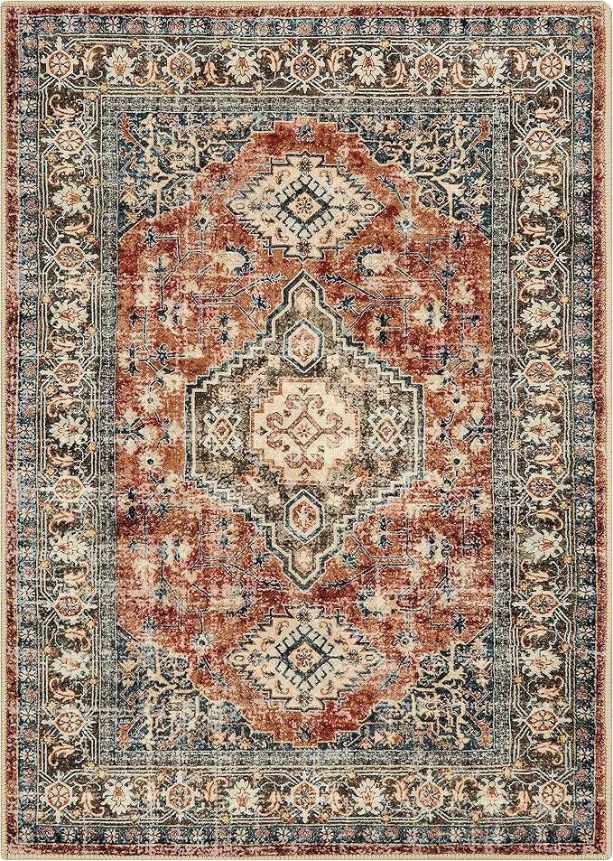 Lahome Oriental Area Rug, 3x5 Washable Rugs for Living Room Non Slip Entry Mat, Vintage Soft Pet Friendly Throw Carpet for Entryway Bedroom Dinning Room Eleanor, Brick Red