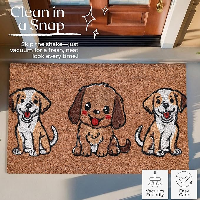 COCONIQ Coir Door Mats 17" X 30", Non-Slip Sturdy, PVC Backed Heavy Duty, Easy to Clean, Ideal for Door Entrance, Patio, Porch, Backyard, Garages, The 3 Cute Musketeer Puppies