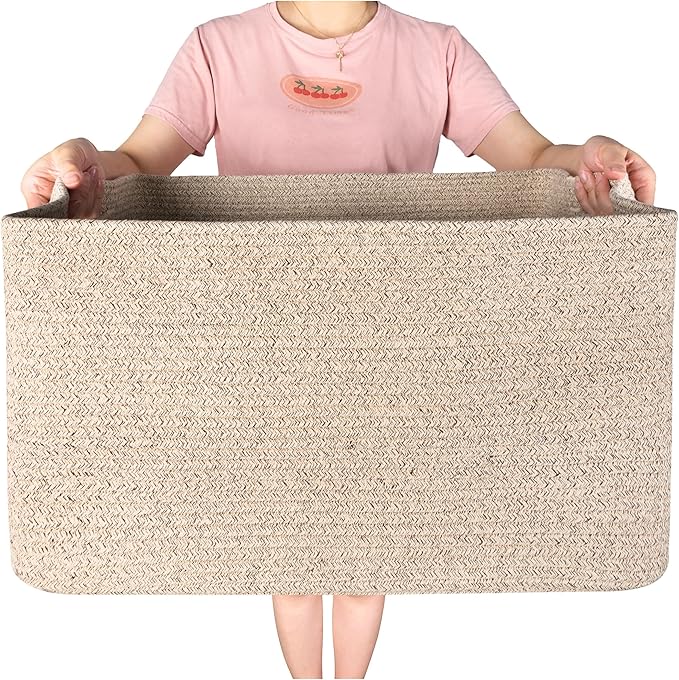 MINTWOOD Design 22in Extra Large Blanket Basket Holder Living Room, Rectangle Rope Woven Storage Basket with Handles for Laundry, Pool Towels, and Shoes, Dog Toy Organizer Bin Box, Oatmeal Brown