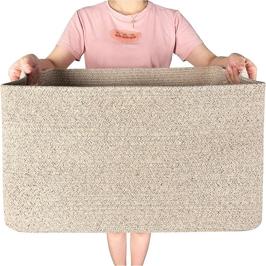 MINTWOOD Design 22in Extra Large Blanket Basket Holder Living Room, Rectangle Rope Woven Storage Basket with Handles for Laundry, Pool Towels, and Shoes, Dog Toy Organizer Bin Box, Oatmeal Brown