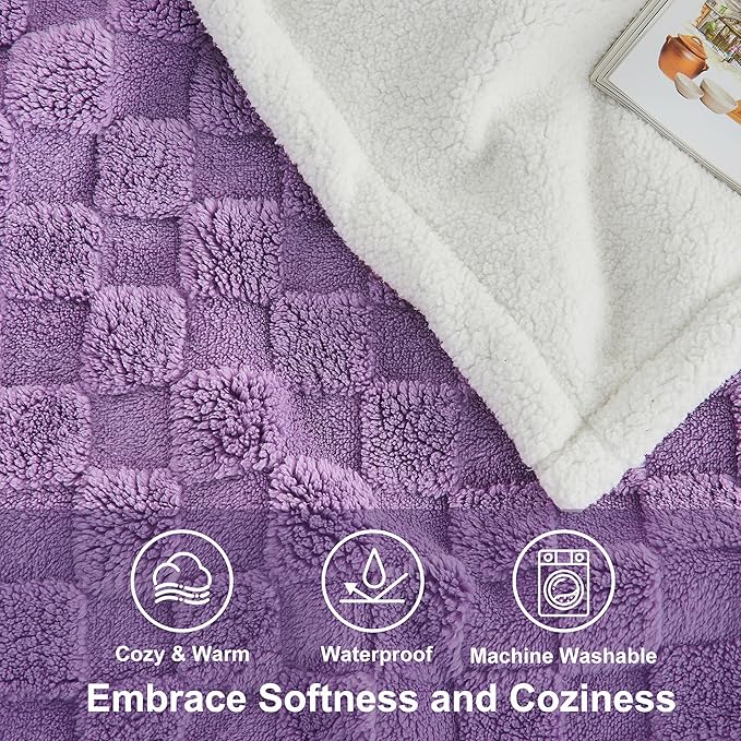 Yaning Checkered Waterproof Blanket for Bed Couch Sofa Car, Fluffy Soft Dog Blanket with 3D Jacquard Grid Pattern, Reversible Leakproof Pet Blankets for Dogs Cats Puppies, Dusty Purple, 60"x80"