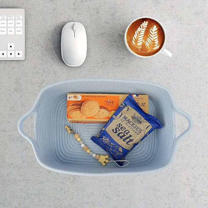 XUANGUO Woven Cotton Rope Storage Basket with Handles for Organizing Shelves Closet Small Cat Dog Pet Toy Baskets Box Bin Decorative Rectangle Baby Nursery Basket Gift Basket Empty blue