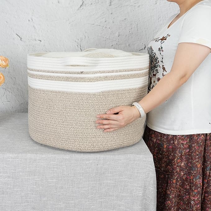 XUANGUO Extra Large Cotton Rope Basket round Blankets Basket for Living Room 22"x14" Toy Baskets for Kids Rope Storage Basket for Nursery Woven Laundry Baskets for Clothes Towels Baby Toy Storage