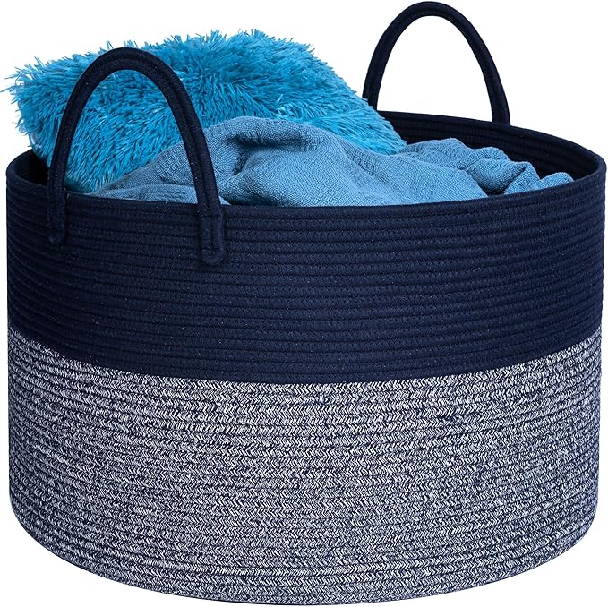 MINTWOOD Design Extra Large 22 x 14in Decorative Woven Cotton Rope Blanket Storage Basket Bin Living Room with Long Handles, Laundry Hamper for Pillows, Pool Towels, Dog Toys, Shoes, Navy Blue
