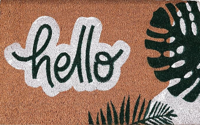 COCONIQ Coir Door Mats 17" X 30", Non-Slip Sturdy, PVC Backed Heavy Duty, Easy to Clean, Ideal for Door Entrance, Patio, Porch, Backyard, Garages, Hello - Green Leaves