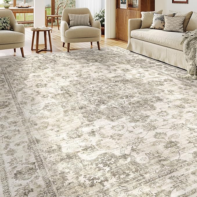 8x10 Washable Neutral Area Rug Taupe Vintage Living Room Bedroom Carpet Non-Slip Soft Low Pile Farmhouse Large Throw Rug for Dining Room Entryway Office