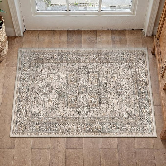 2x3 Washable Vintage Area Rug Brown Oriental Soft Entryway Throw Rug Neutral Non Slip Low Pile Small Carpet for Kitchen Bathroom Living Room Bedroom
